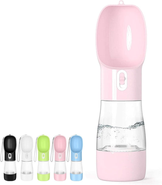 Portable Dog Water Bottle - Leak-Proof Dispenser with Integrated Bowl and Food Container, Dishwasher Safe, Made from Food Grade Plastic for Outdoor Activities, Hiking, and Travel - Pink