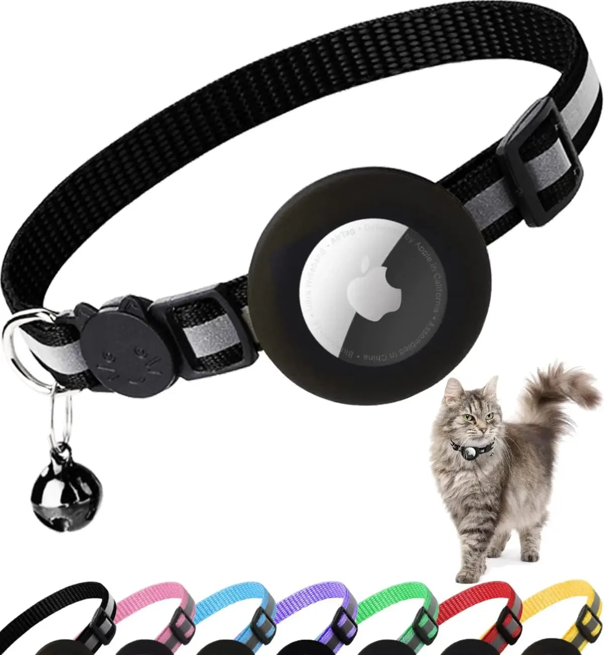 Breakaway Reflective Cat Collar with Apple AirTag Holder and Bell, 1 Piece, 0.4 Inches, Suitable for Male and Female Cats