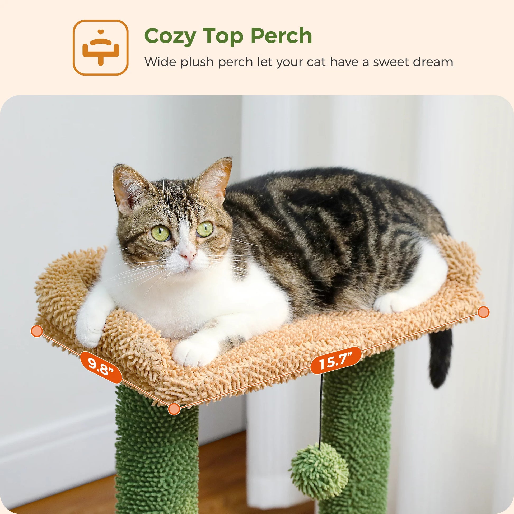 33-Inch Cactus-Themed Cat Tree with Scratching Posts, Spacious Top Perch, and Hammock for Medium Indoor Cats - Green