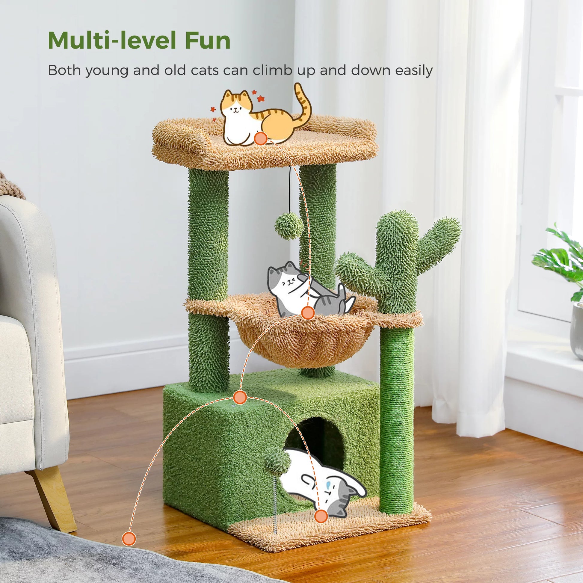 33-Inch Cactus-Themed Cat Tree with Scratching Posts, Spacious Top Perch, and Hammock for Medium Indoor Cats - Green