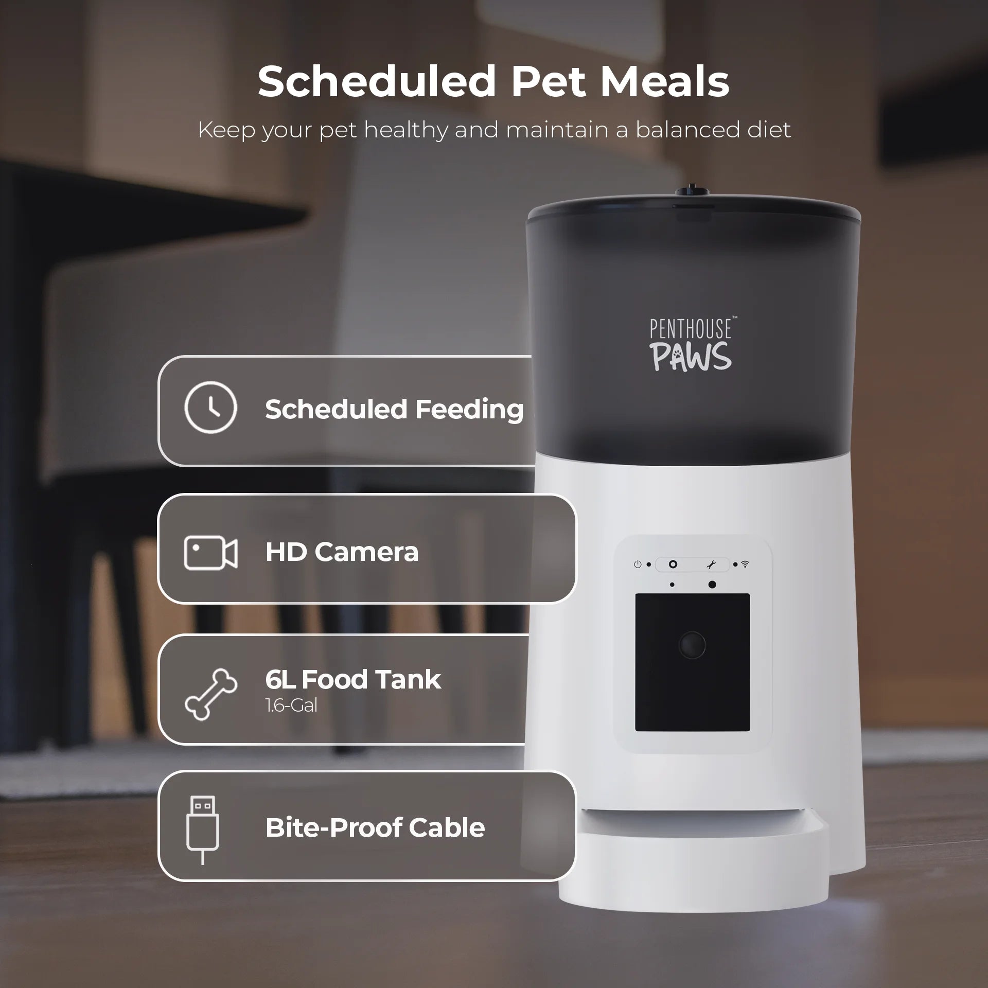 Penthouse Paws Smart HD Automatic Pet Feeder with 6L Capacity, 1080P Camera, 2-Way Audio, Scheduled Feeding, Backup Power, Easy Cleaning, and Anti-Jam Design for Cats and Dogs - White