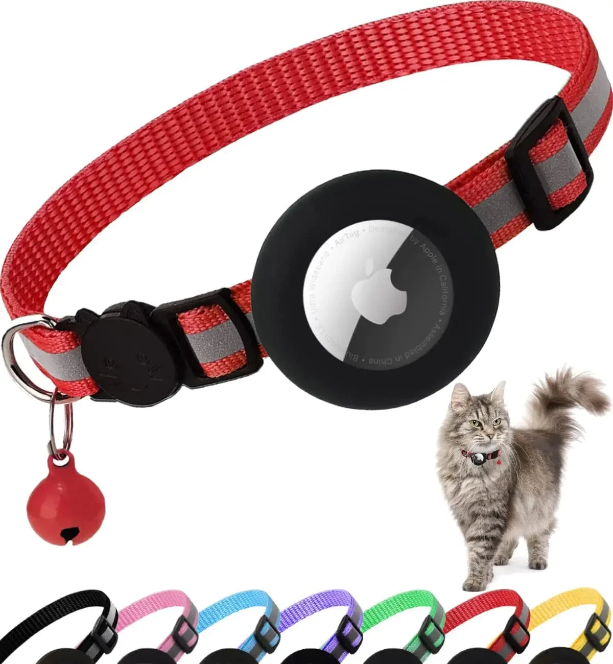 Breakaway Reflective Cat Collar with Apple AirTag Holder and Bell, 1 Piece, 0.4 Inches, Suitable for Male and Female Cats