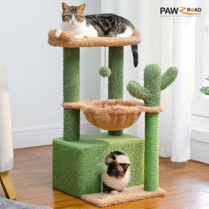 33-Inch Cactus-Themed Cat Tree with Scratching Posts, Spacious Top Perch, and Hammock for Medium Indoor Cats - Green