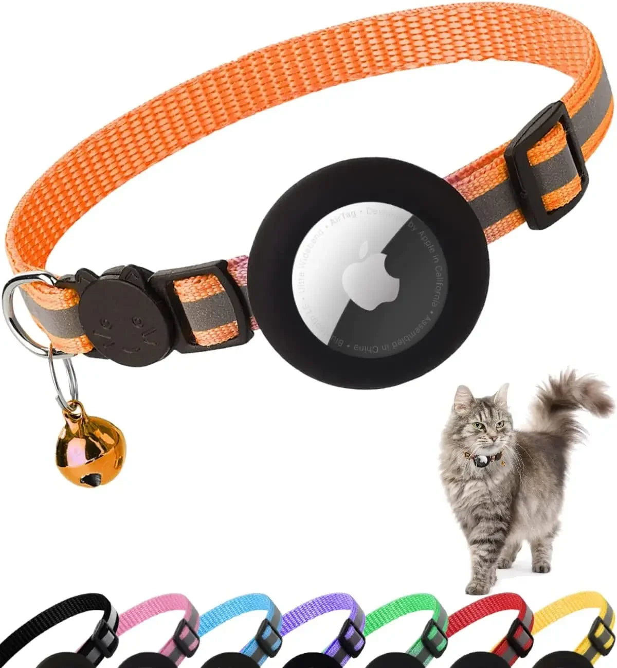 Breakaway Reflective Cat Collar with Apple AirTag Holder and Bell, 1 Piece, 0.4 Inches, Suitable for Male and Female Cats