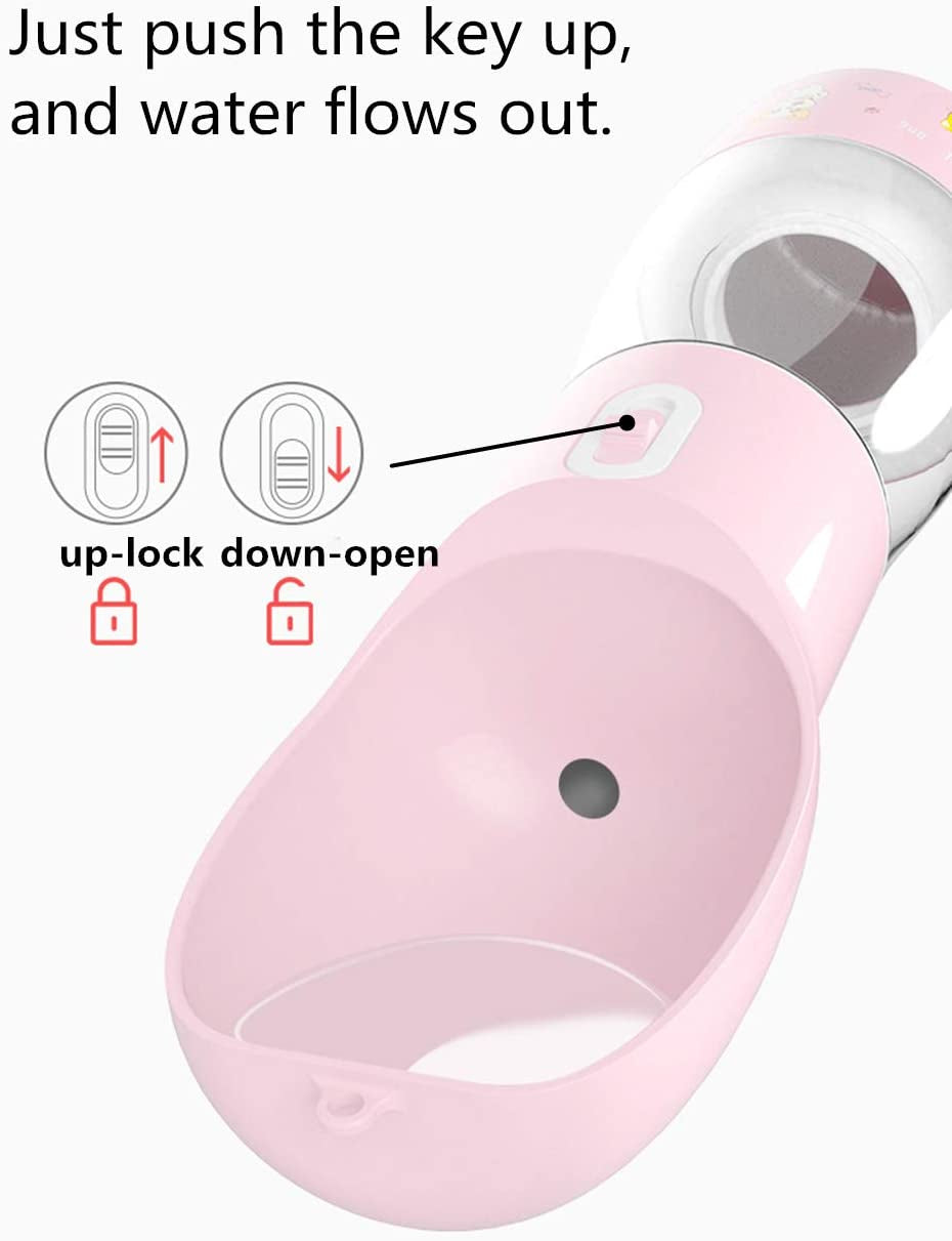 Portable Dog Water Bottle - Leak-Proof Dispenser with Integrated Bowl and Food Container, Dishwasher Safe, Made from Food Grade Plastic for Outdoor Activities, Hiking, and Travel - Pink