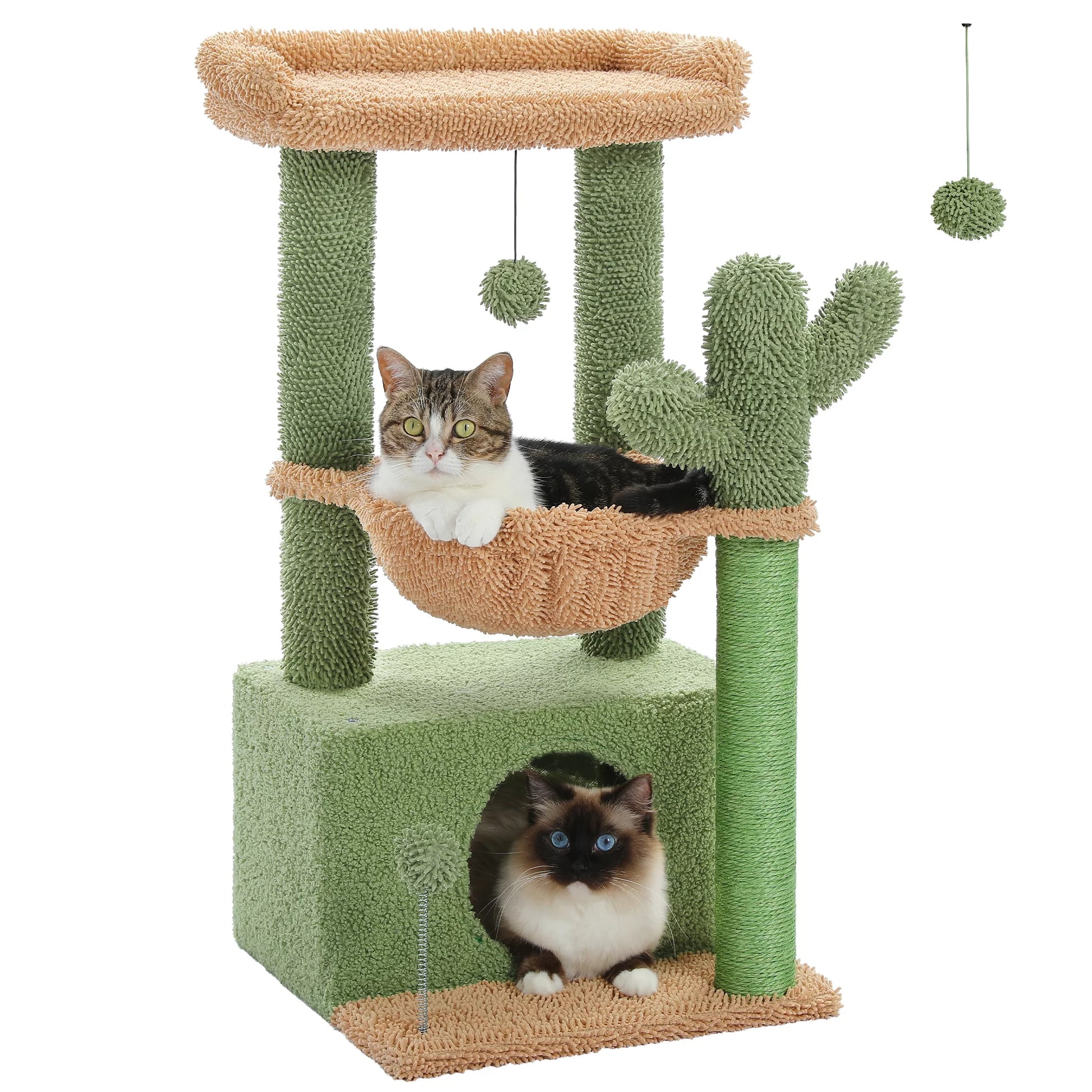 33-Inch Cactus-Themed Cat Tree with Scratching Posts, Spacious Top Perch, and Hammock for Medium Indoor Cats - Green