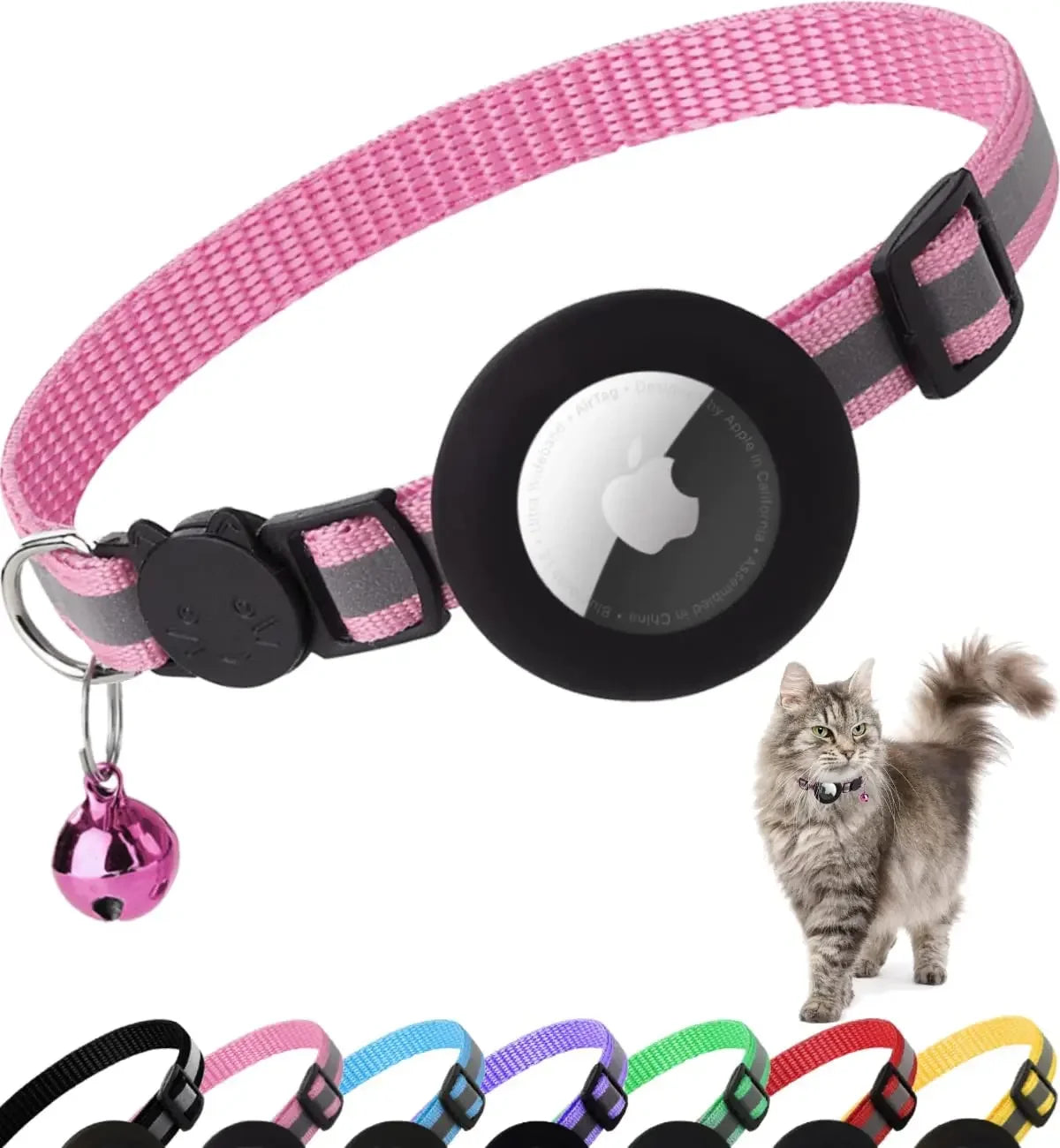 Breakaway Reflective Cat Collar with Apple AirTag Holder and Bell, 1 Piece, 0.4 Inches, Suitable for Male and Female Cats