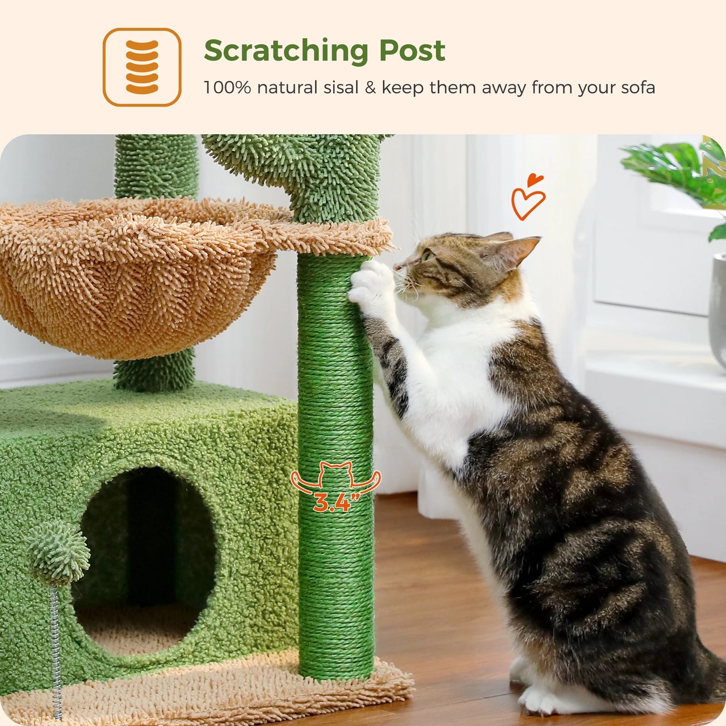 33-Inch Cactus-Themed Cat Tree with Scratching Posts, Spacious Top Perch, and Hammock for Medium Indoor Cats - Green