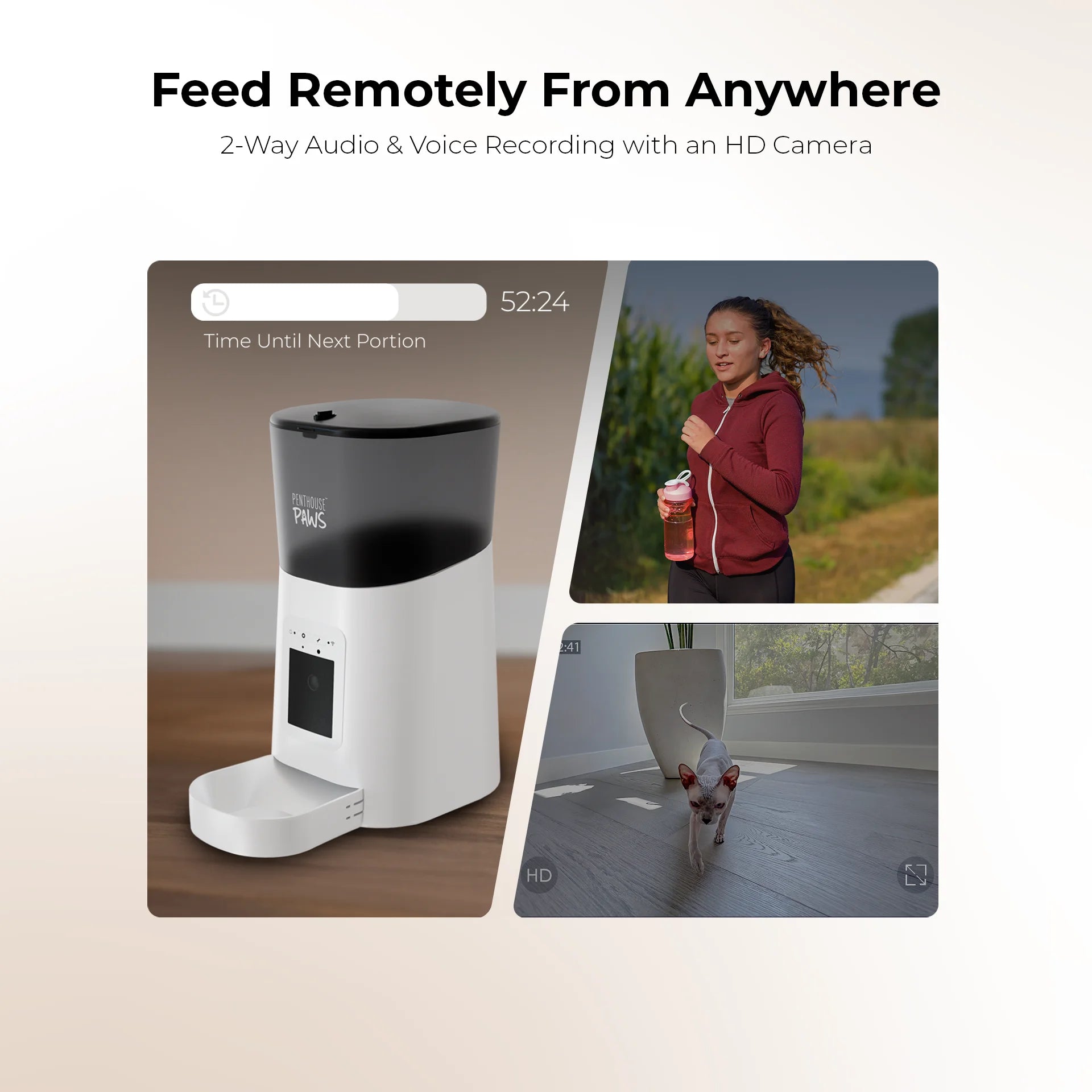 Penthouse Paws Smart HD Automatic Pet Feeder with 6L Capacity, 1080P Camera, 2-Way Audio, Scheduled Feeding, Backup Power, Easy Cleaning, and Anti-Jam Design for Cats and Dogs - White