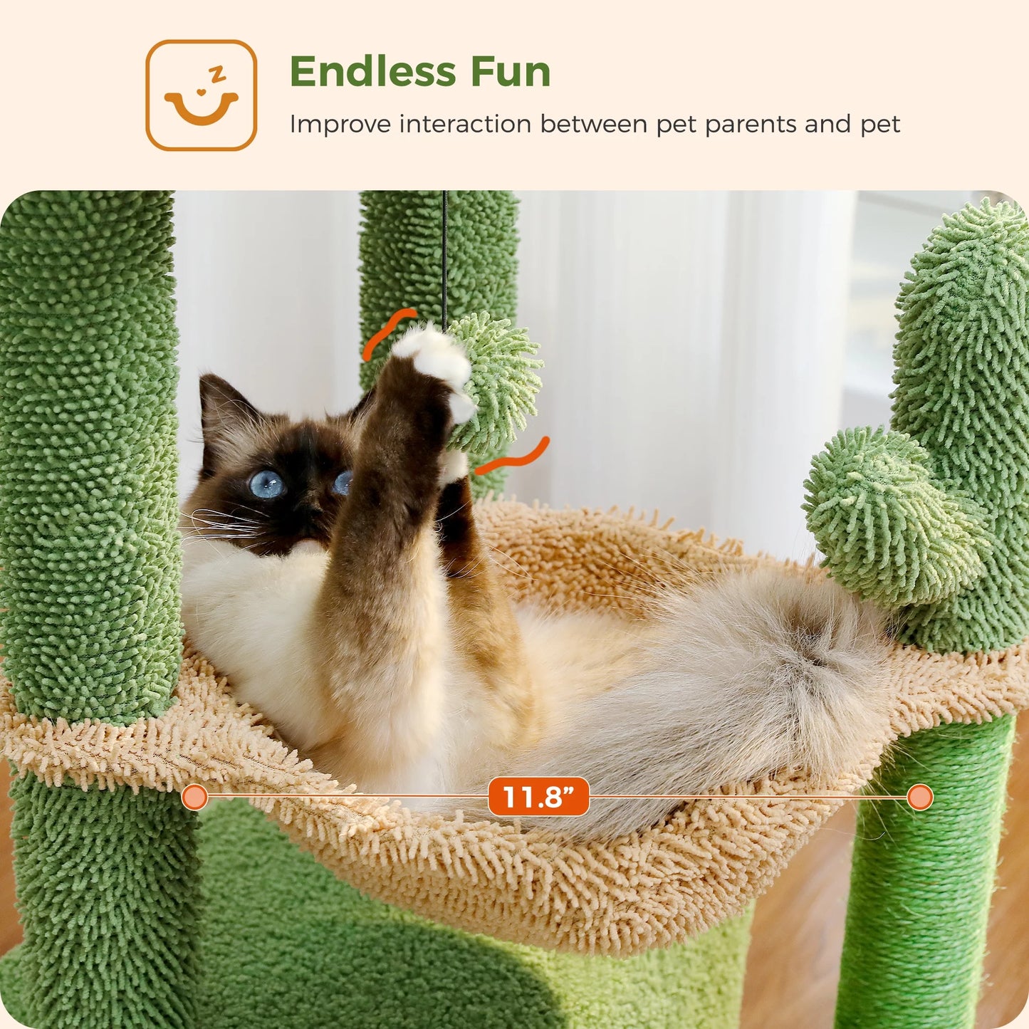 33-Inch Cactus-Themed Cat Tree with Scratching Posts, Spacious Top Perch, and Hammock for Medium Indoor Cats - Green