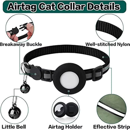 Breakaway Reflective Cat Collar with Apple AirTag Holder and Bell, 1 Piece, 0.4 Inches, Suitable for Male and Female Cats
