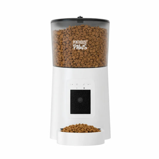 Penthouse Paws Smart HD Automatic Pet Feeder with 6L Capacity, 1080P Camera, 2-Way Audio, Scheduled Feeding, Backup Power, Easy Cleaning, and Anti-Jam Design for Cats and Dogs - White