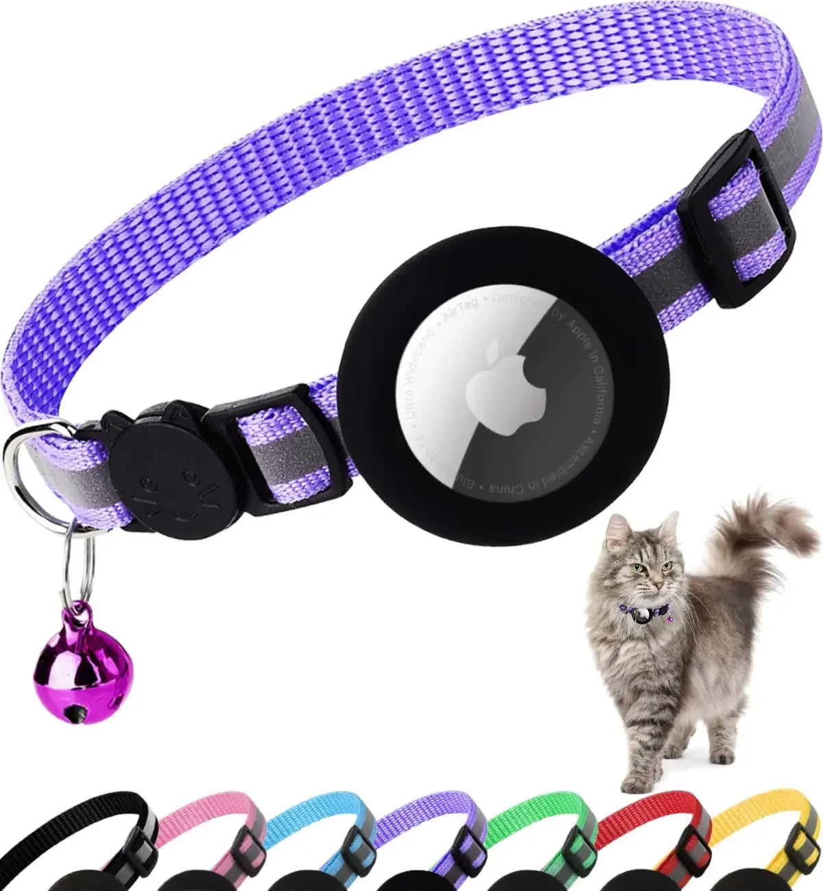 Breakaway Reflective Cat Collar with Apple AirTag Holder and Bell, 1 Piece, 0.4 Inches, Suitable for Male and Female Cats