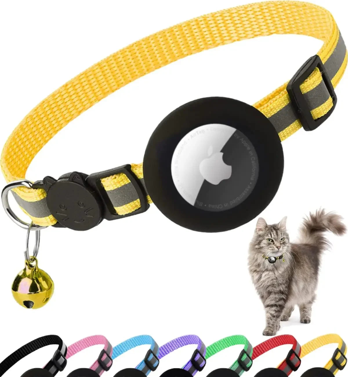 Breakaway Reflective Cat Collar with Apple AirTag Holder and Bell, 1 Piece, 0.4 Inches, Suitable for Male and Female Cats